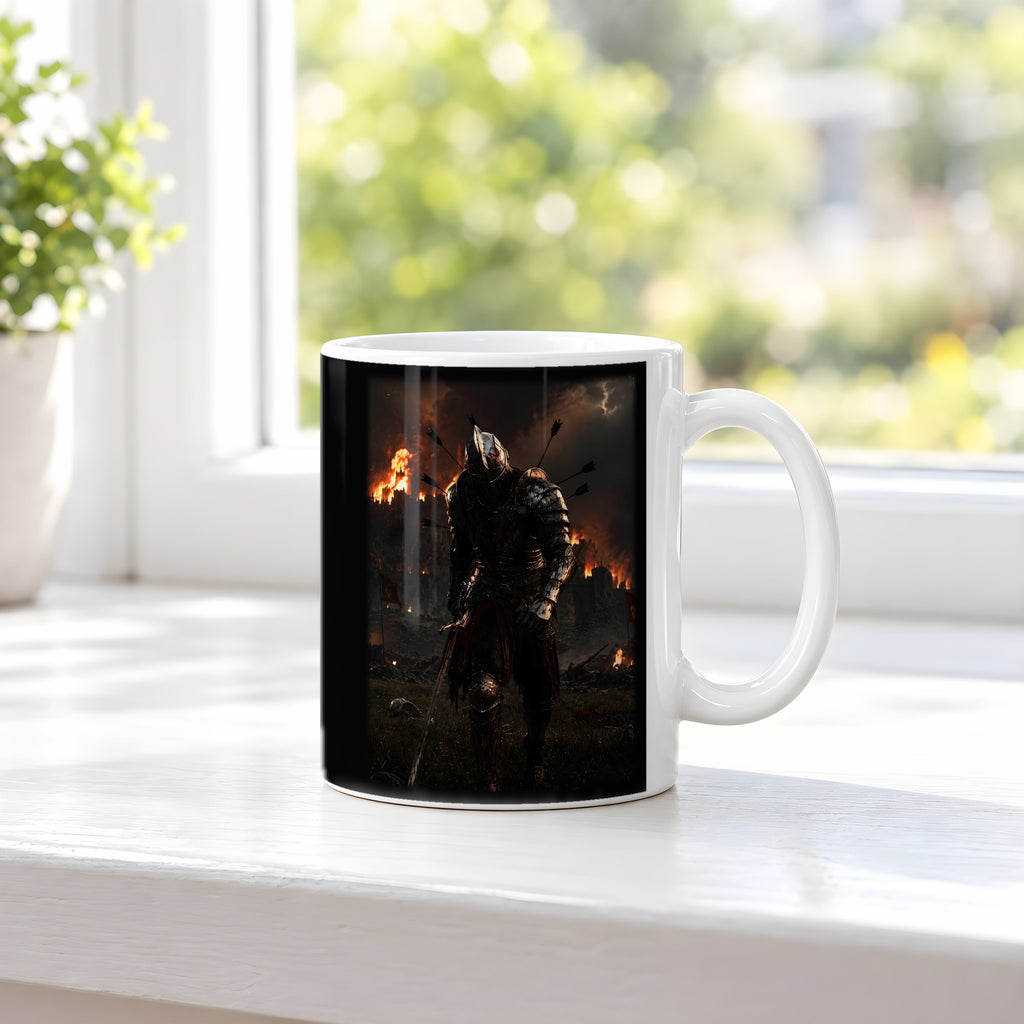 Der Flammenritter – weiße Tasse, auf der Fensterbank