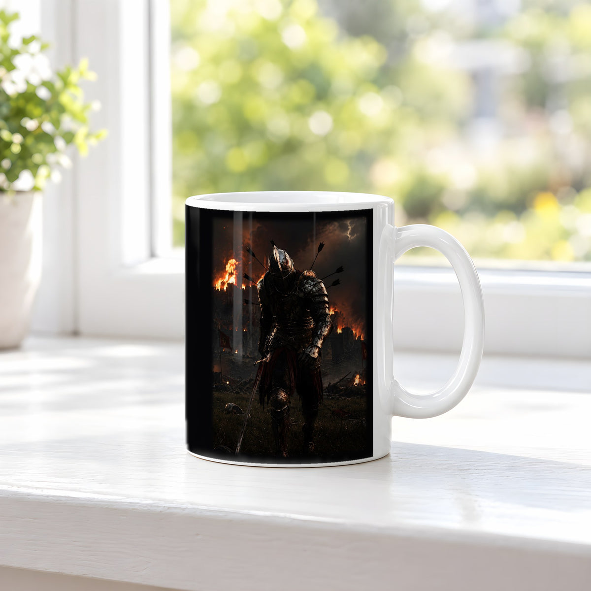 Der Flammenritter – weiße Tasse, auf der Fensterbank