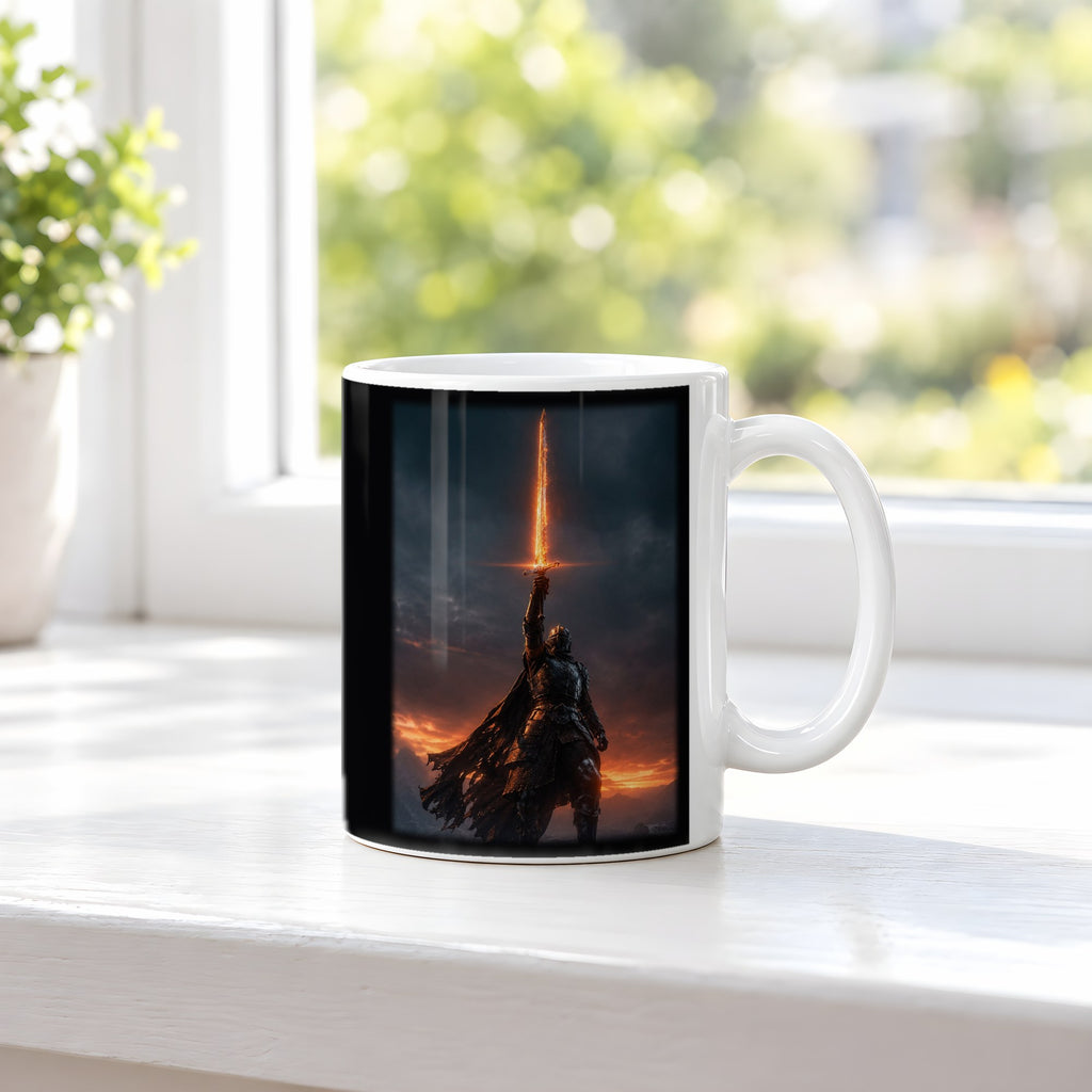Das Flammenschwert – weiße Tasse, auf der Fensterbank