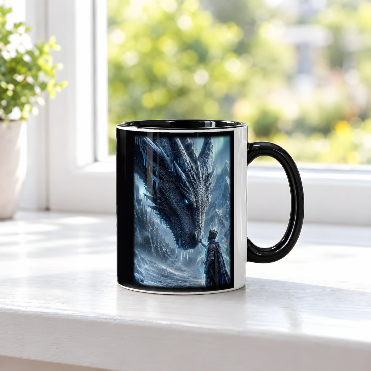 Der Frostpakt – Tasse innen schwarz, auf der Fensterbank