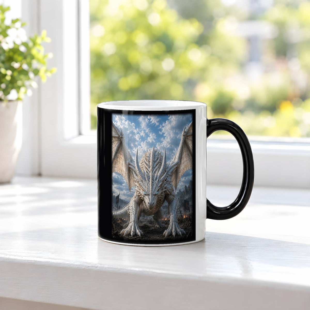 Der Frostwächter – Black Edition Zaubertasse mit Motiv (heiß), auf der Fensterbank