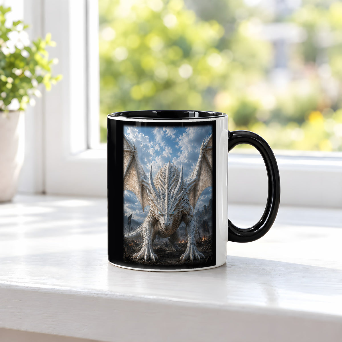 Der Frostwächter – Tasse innen schwarz, auf der Fensterbank