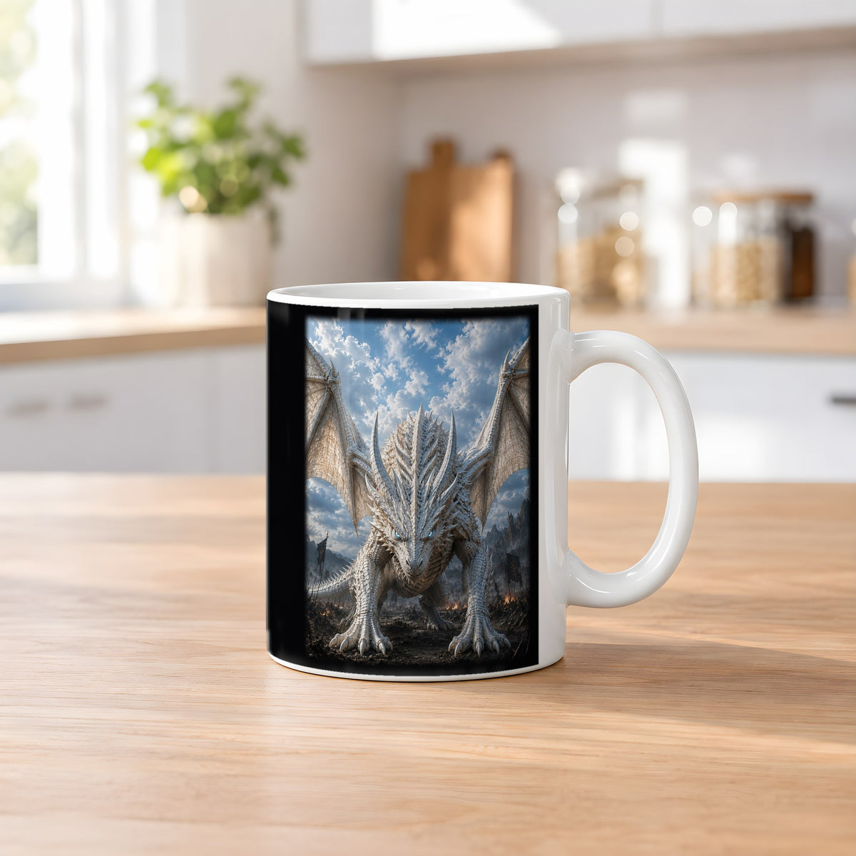 Der Frostwächter – weiße Tasse, auf dem Küchentresen