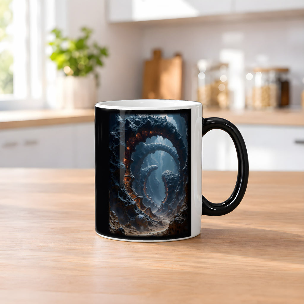 Der Feuerschlund – Black Edition Zaubertasse mit Motiv (heiß), auf dem Küchentresen