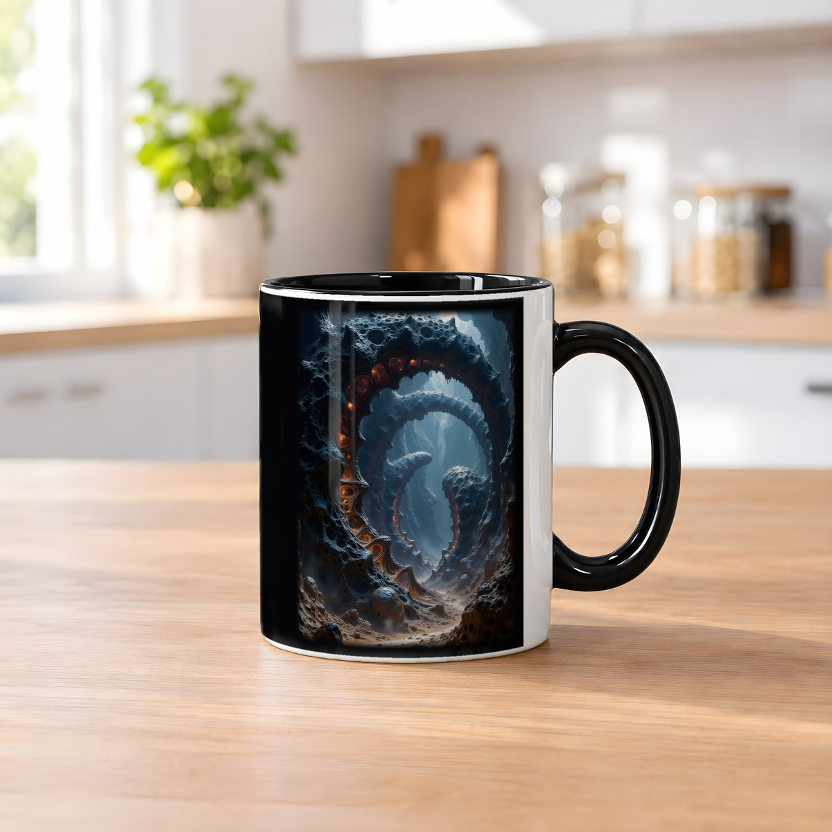 Der Feuerschlund – Tasse innen schwarz, auf dem Küchentresen