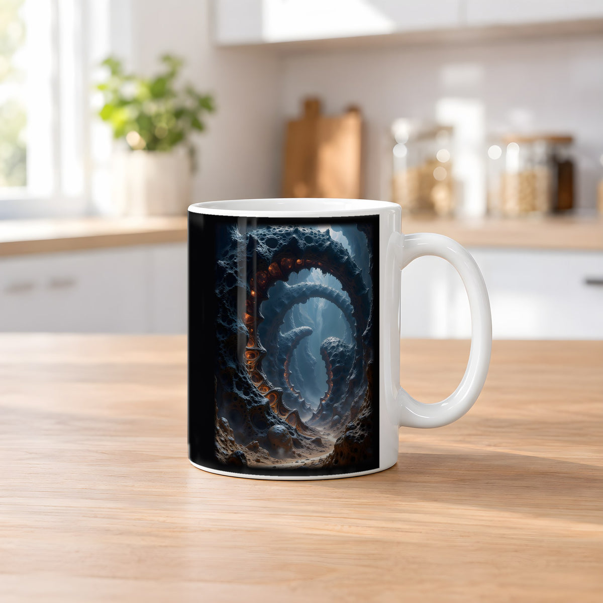 Der Feuerschlund – weiße Tasse, auf dem Küchentresen