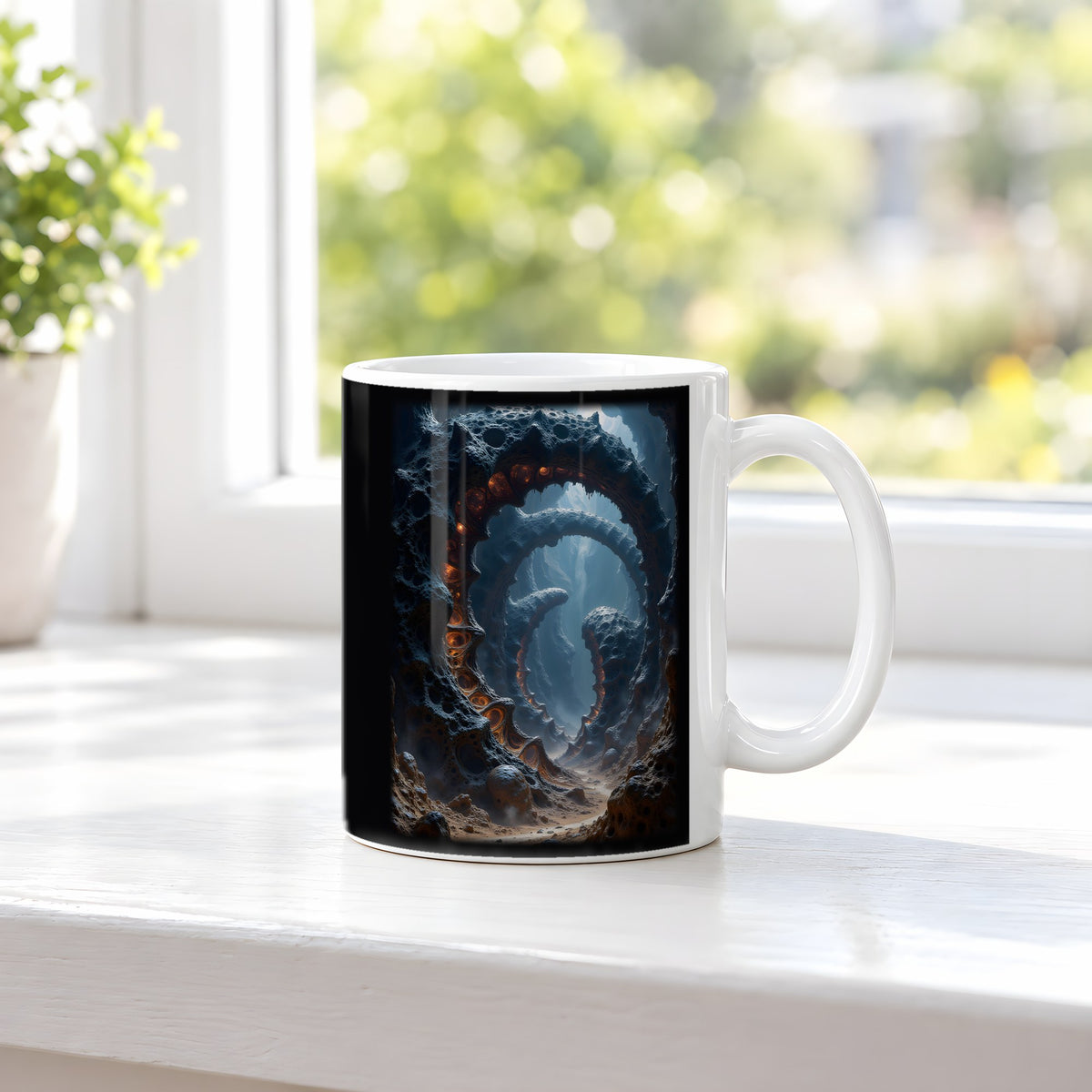Der Feuerschlund – weiße Tasse, auf der Fensterbank