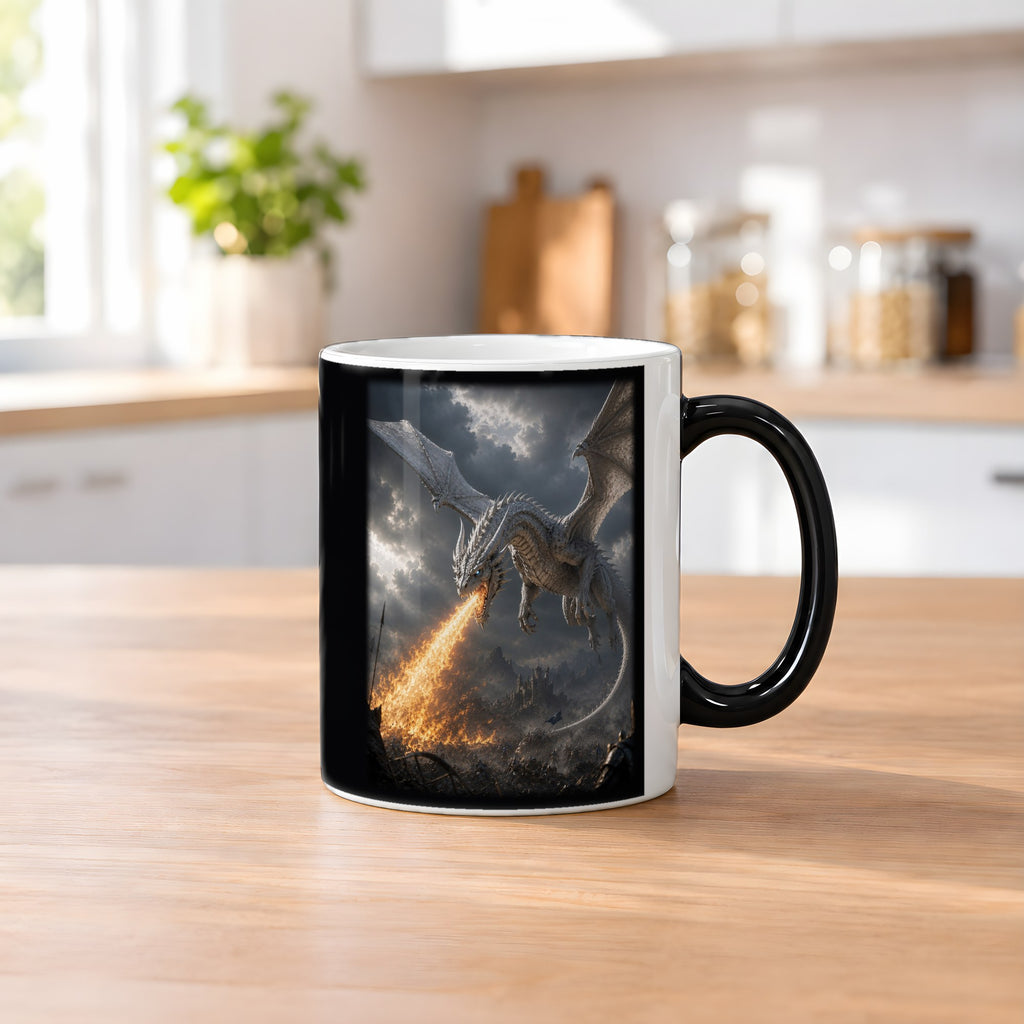 Feuer des Weißen Drachen – Black Edition Zaubertasse mit Motiv (heiß), auf dem Küchentresen
