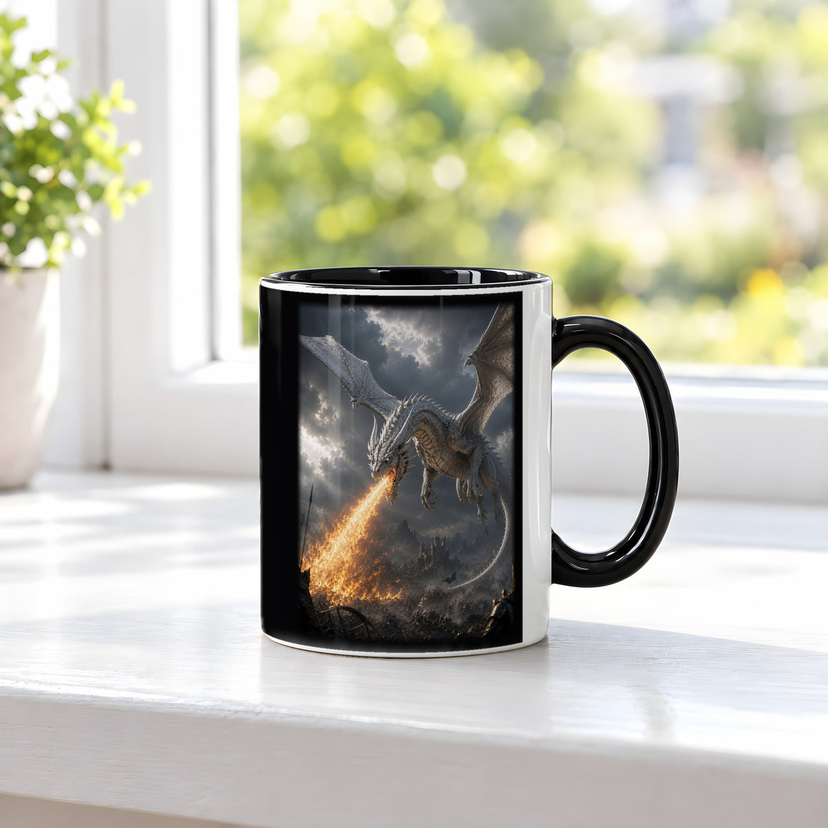 Feuer des Weißen Drachen – Tasse innen schwarz, auf der Fensterbank