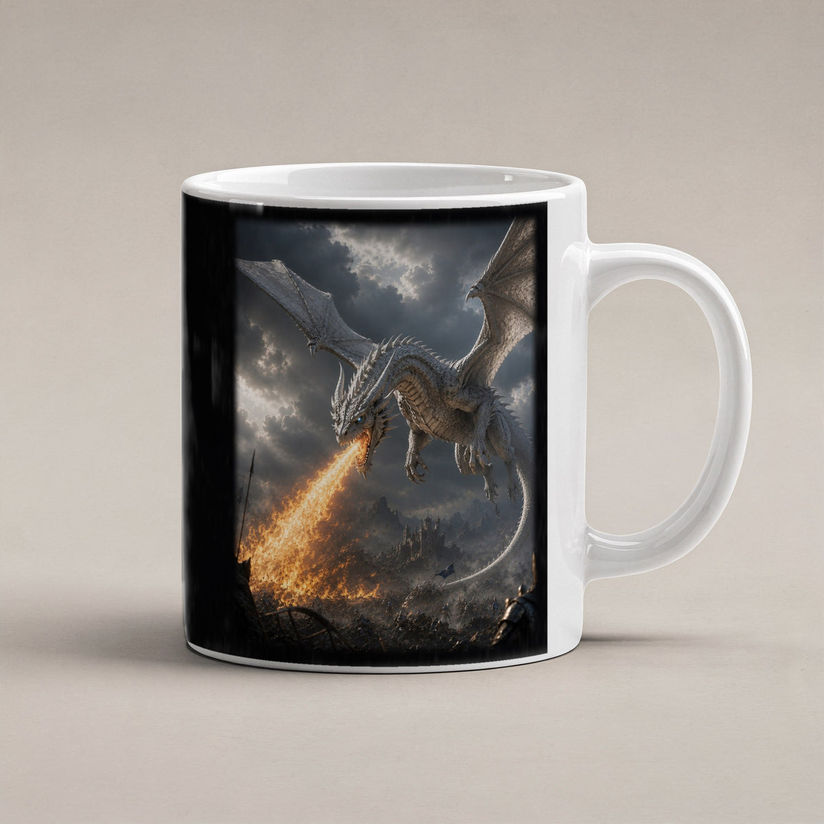 Feuer des Weißen Drachen – weiße Tasse, freigestellt