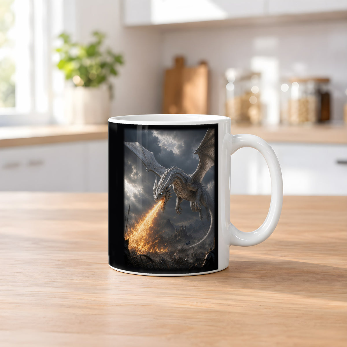 Feuer des Weißen Drachen – weiße Tasse, auf dem Küchentresen
