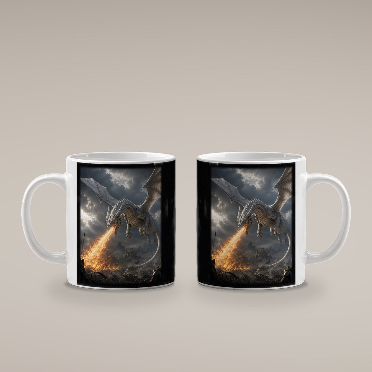 Feuer des Weißen Drachen – weiße Tasse, beide Seiten bedruckt