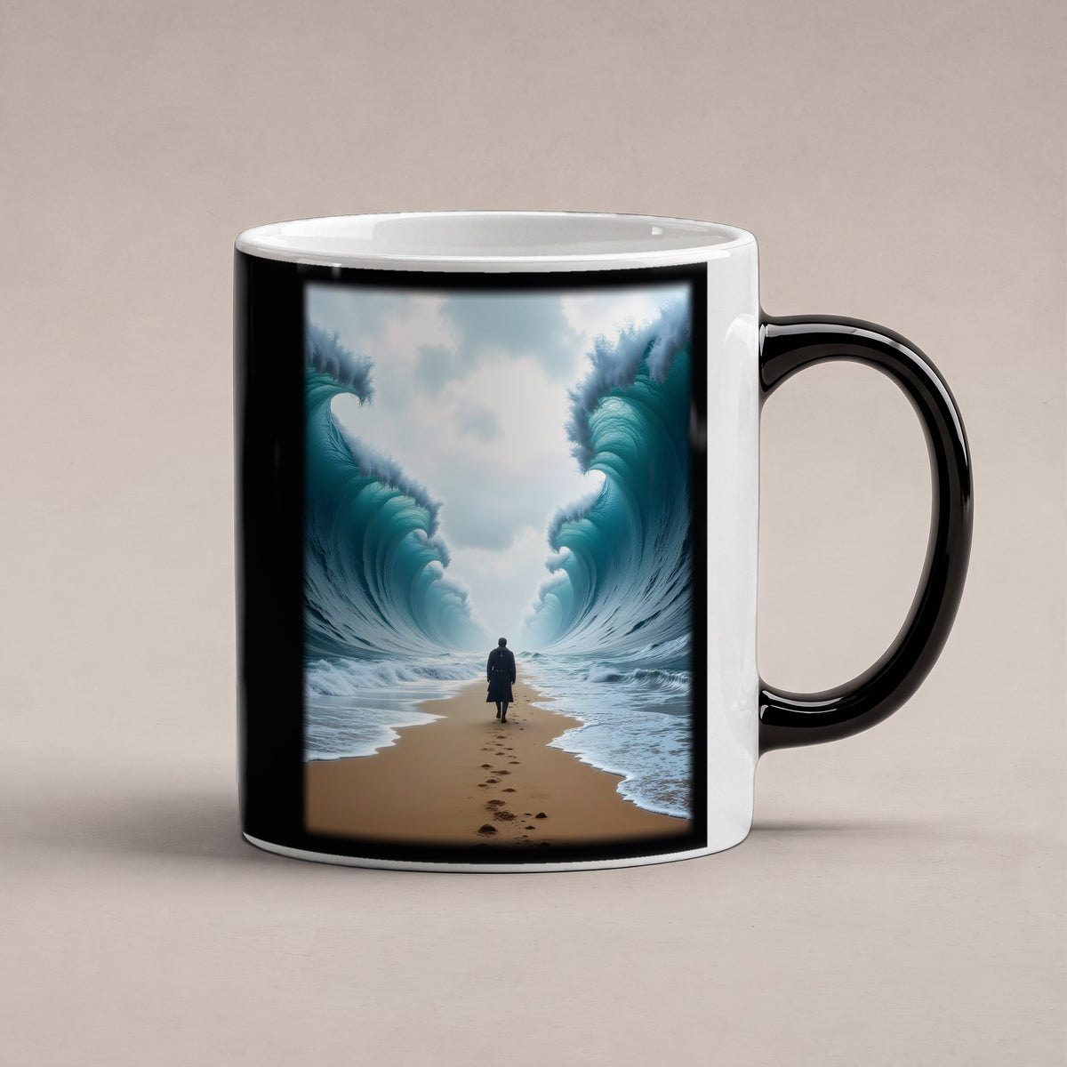 Der Gang durch die Flut – Black Edition Zaubertasse mit Motiv (heiß), freigestellt
