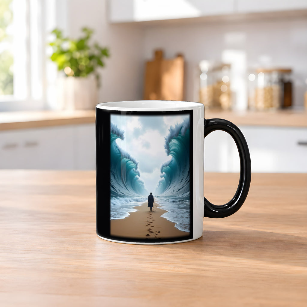 Der Gang durch die Flut – Black Edition Zaubertasse mit Motiv (heiß), auf dem Küchentresen