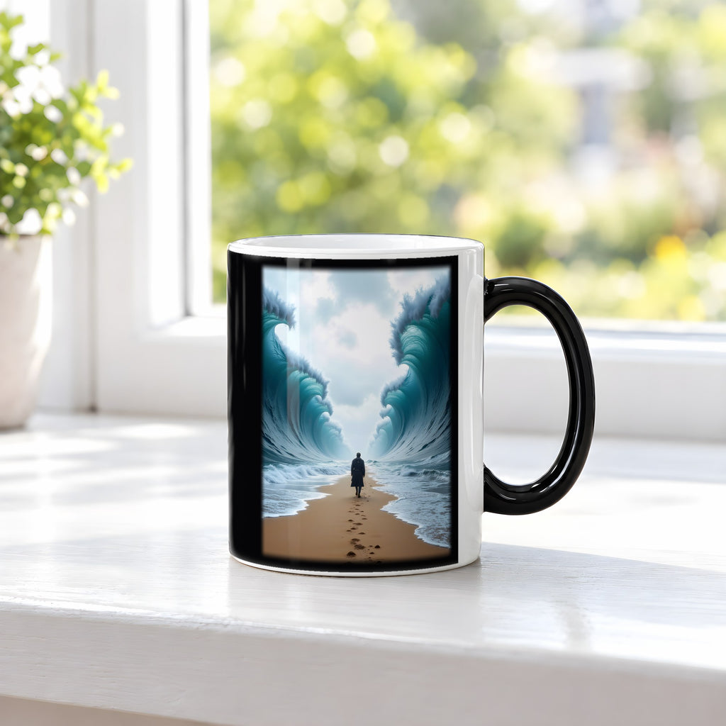 Der Gang durch die Flut – Black Edition Zaubertasse mit Motiv (heiß), auf der Fensterbank