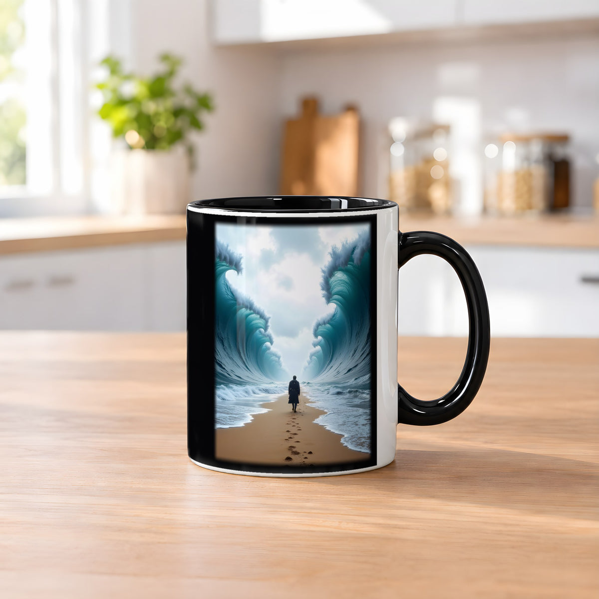 Der Gang durch die Flut – Tasse innen schwarz, auf dem Küchentresen