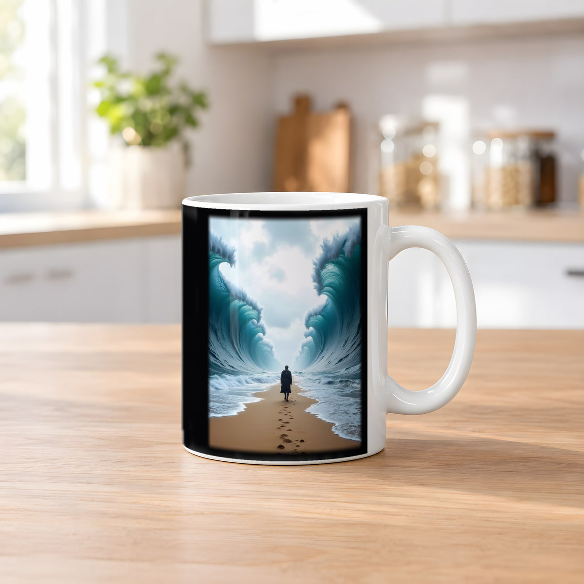 Der Gang durch die Flut – weiße Tasse, auf dem Küchentresen