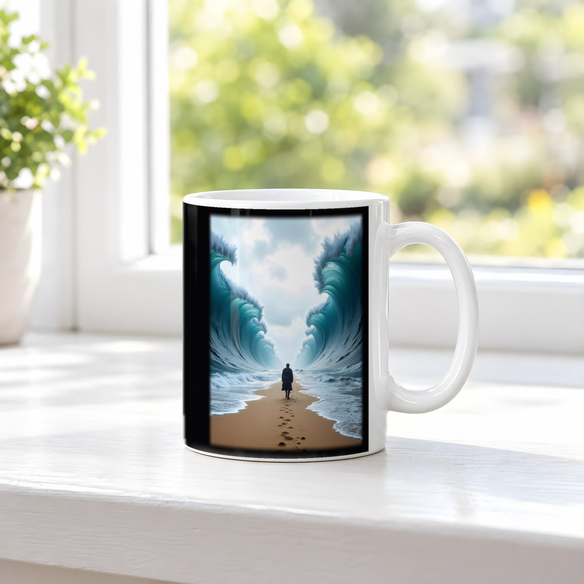 Der Gang durch die Flut – weiße Tasse, auf der Fensterbank