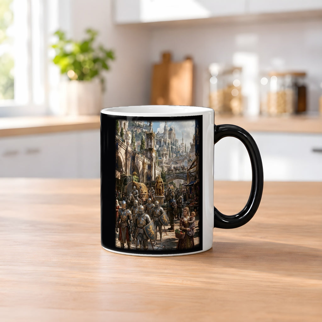 Die Goldene Stadt – Black Edition Zaubertasse mit Motiv (heiß), auf dem Küchentresen