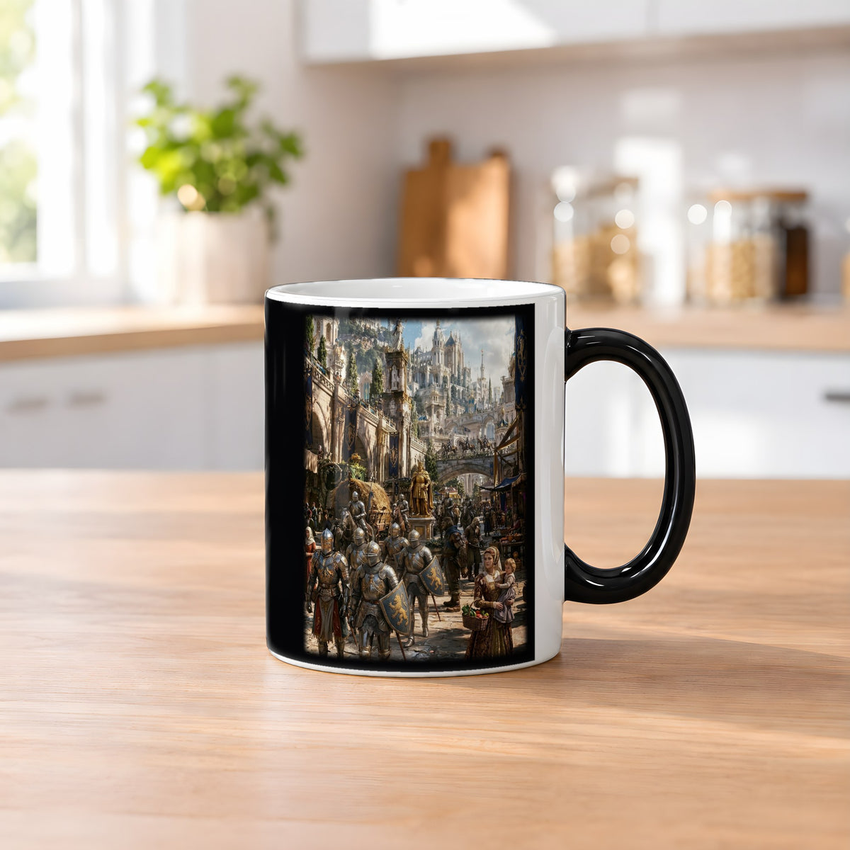 Die Goldene Stadt – Black Edition Zaubertasse mit Motiv (heiß), auf dem Küchentresen