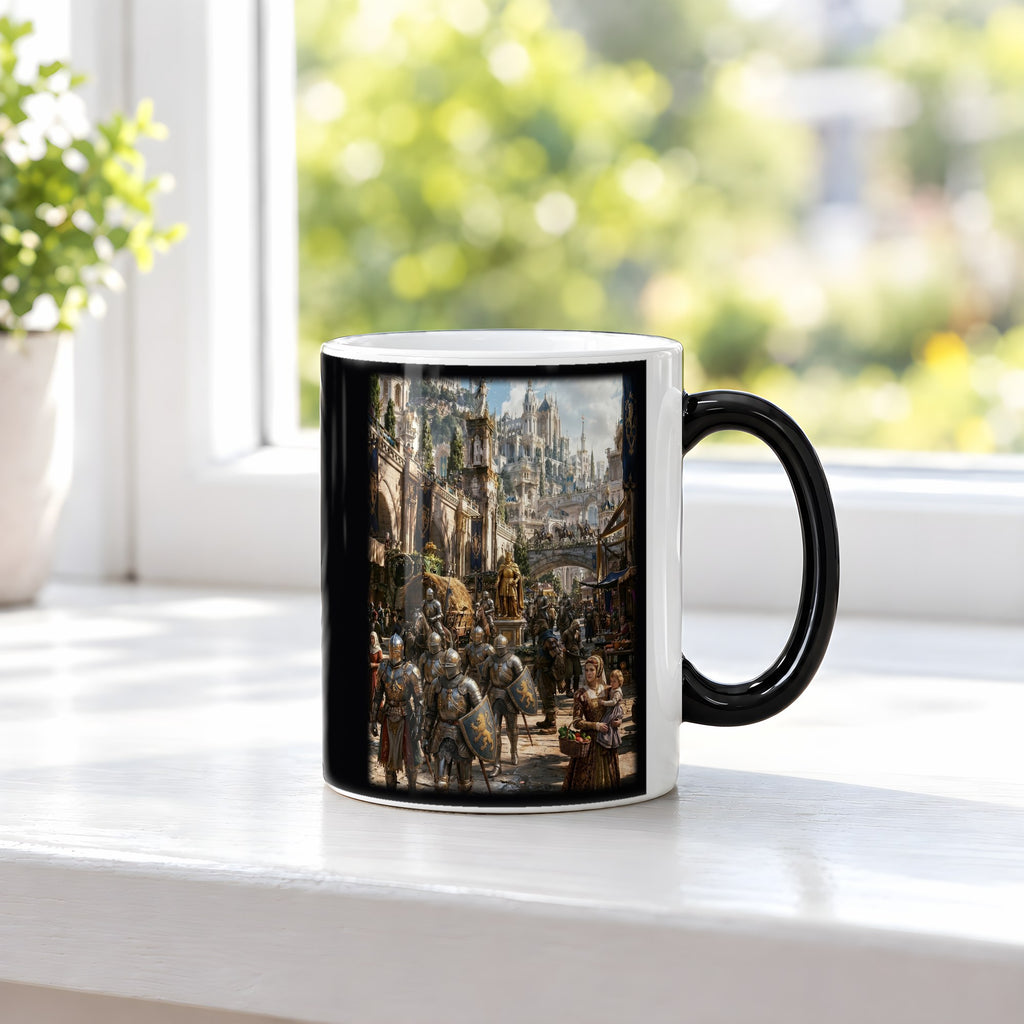 Die Goldene Stadt – Black Edition Zaubertasse mit Motiv (heiß), auf der Fensterbank
