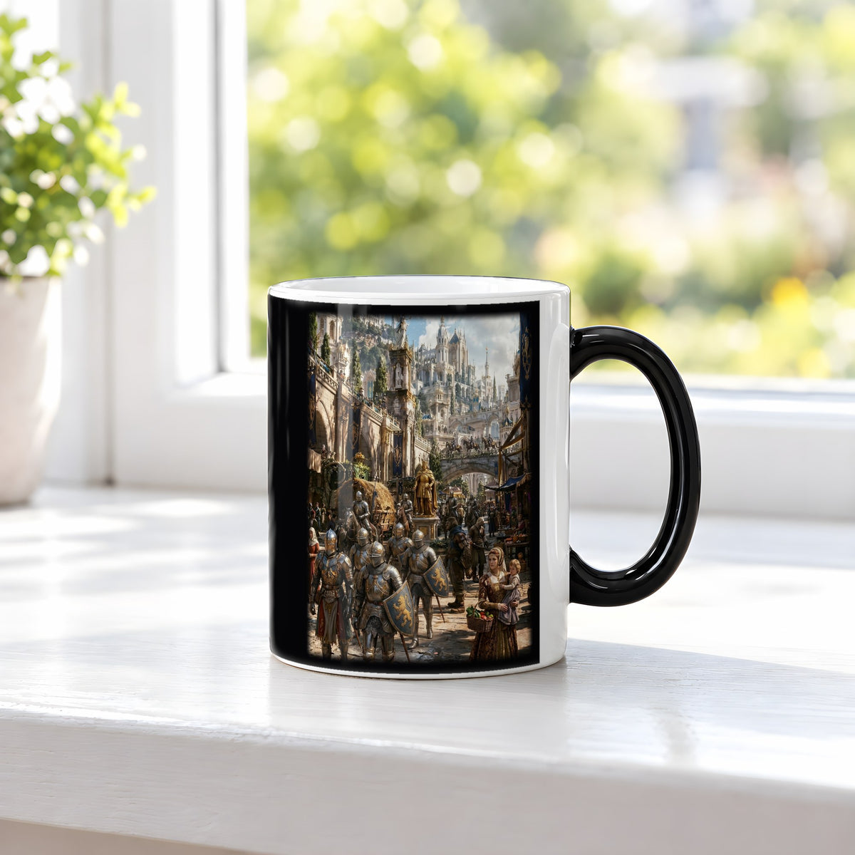 Die Goldene Stadt – Black Edition Zaubertasse mit Motiv (heiß), auf der Fensterbank