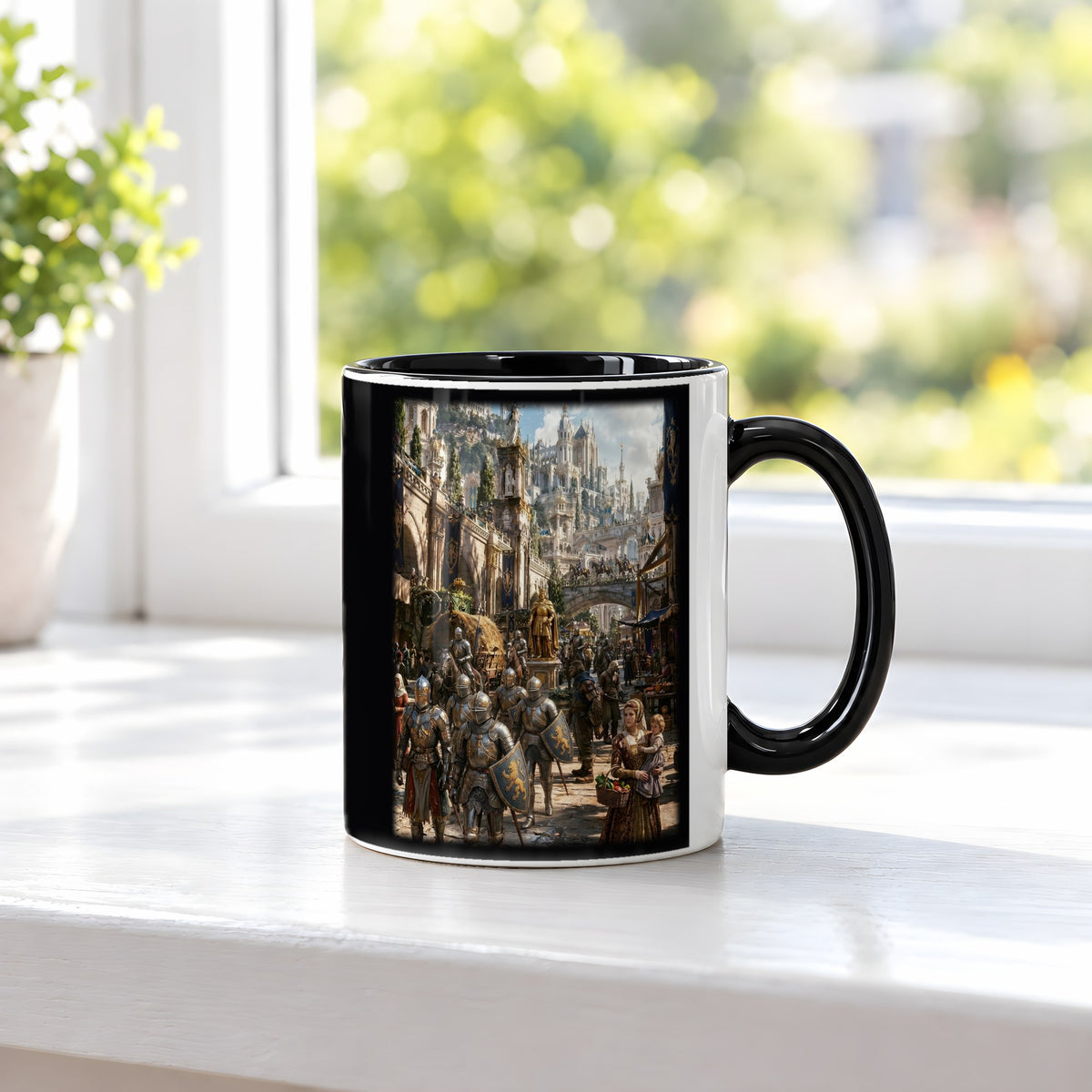 Die Goldene Stadt – Tasse innen schwarz, auf der Fensterbank