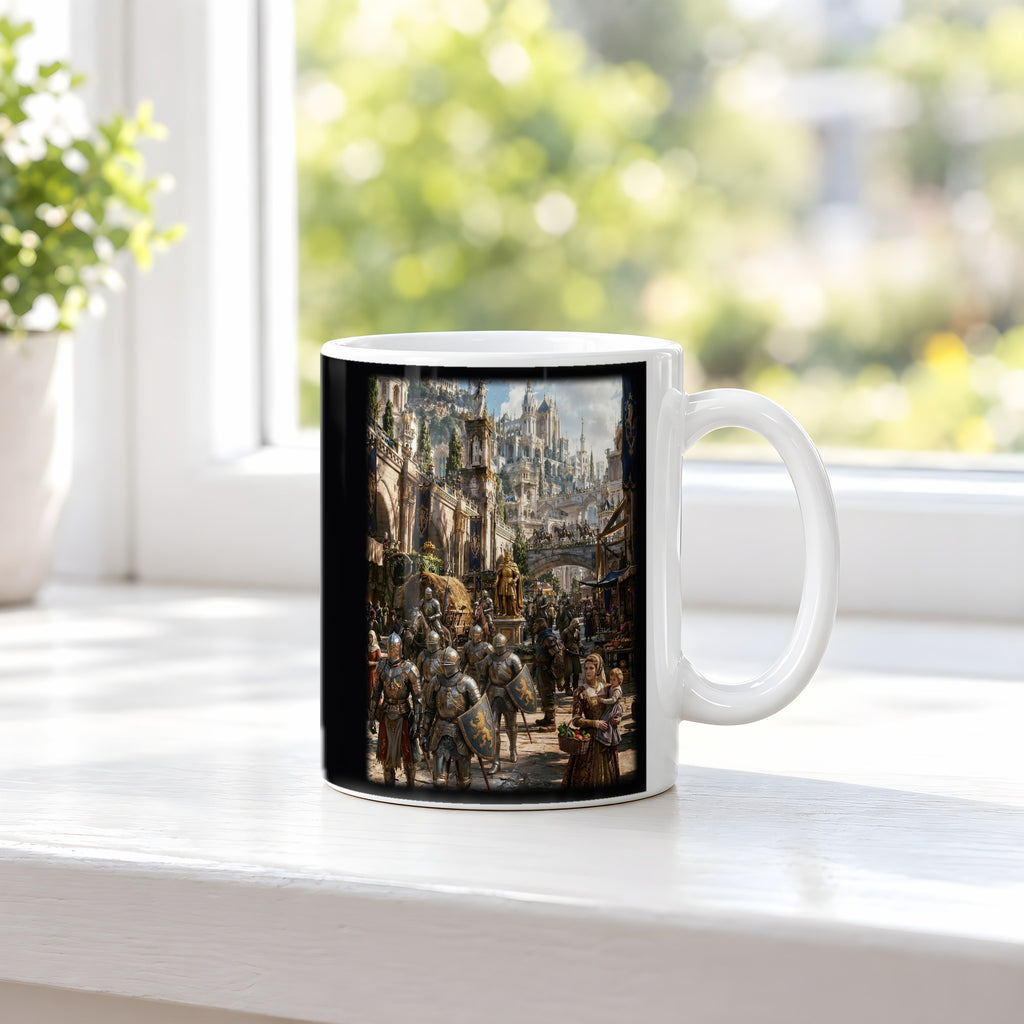 Die Goldene Stadt – weiße Tasse, auf der Fensterbank
