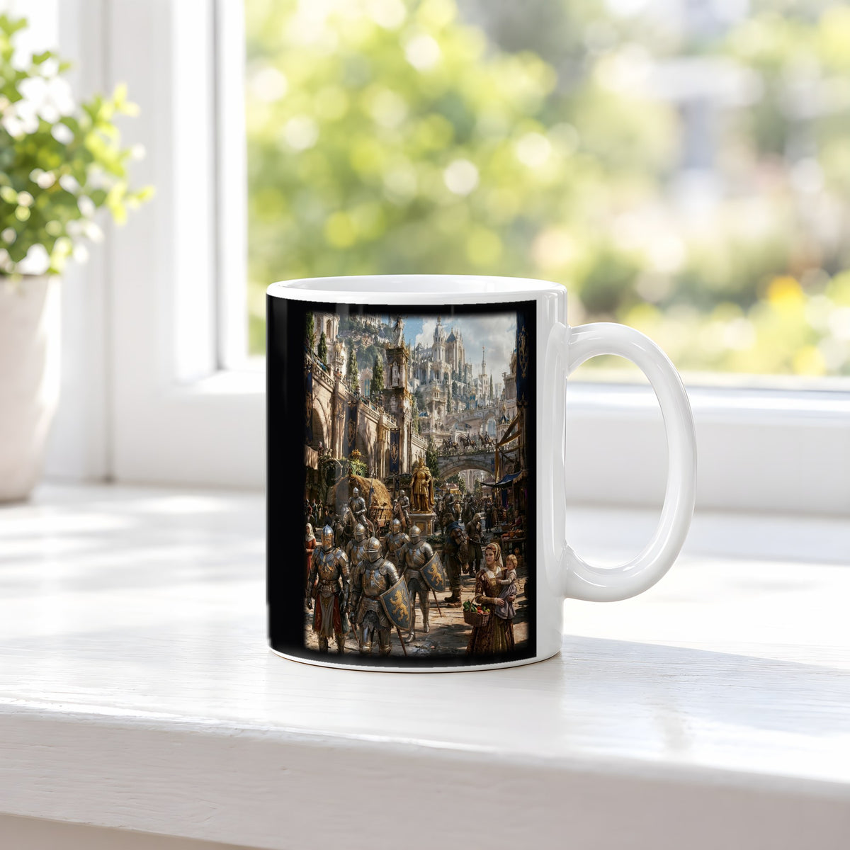 Die Goldene Stadt – weiße Tasse, auf der Fensterbank