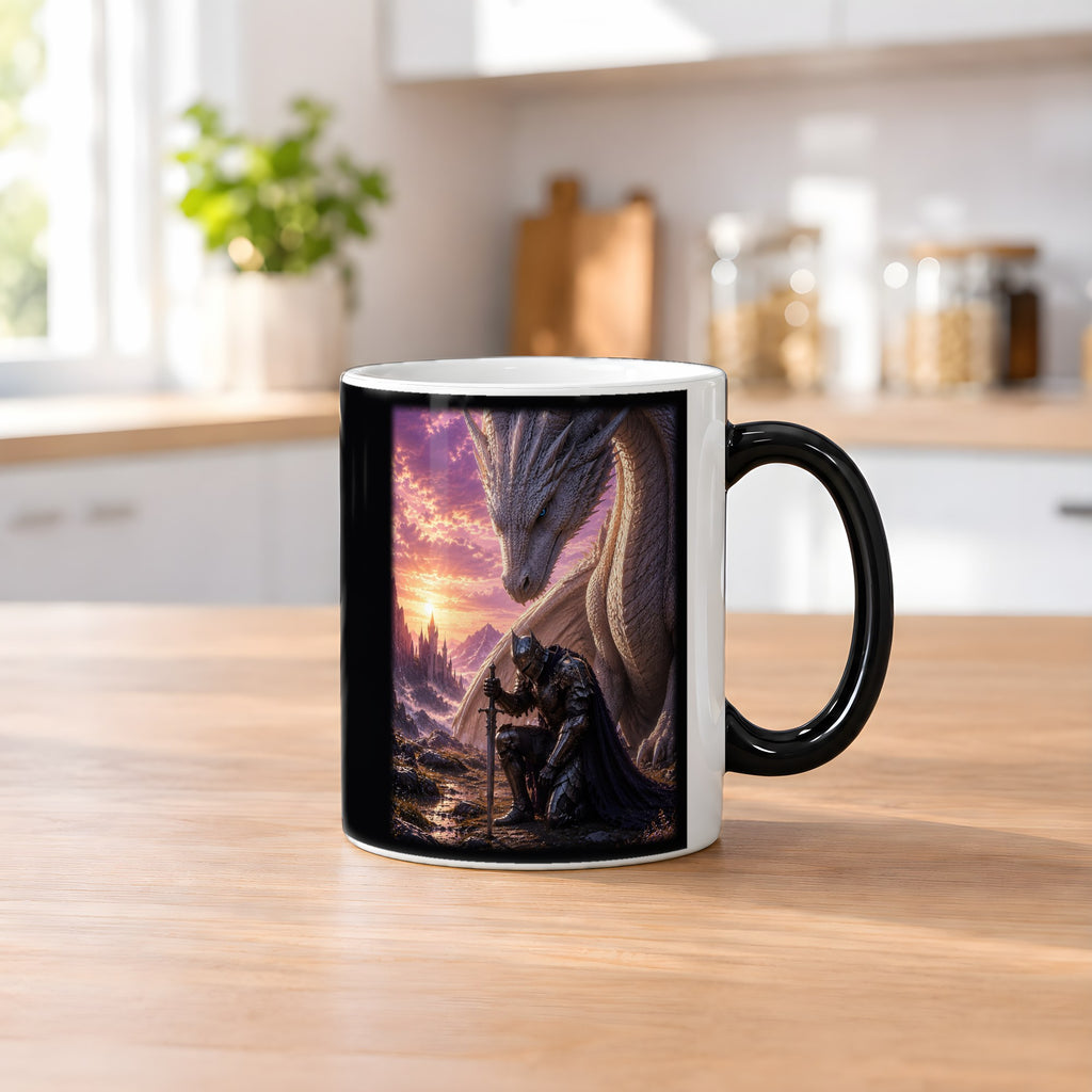 Das Gelöbnis – Black Edition Zaubertasse mit Motiv (heiß), auf dem Küchentresen