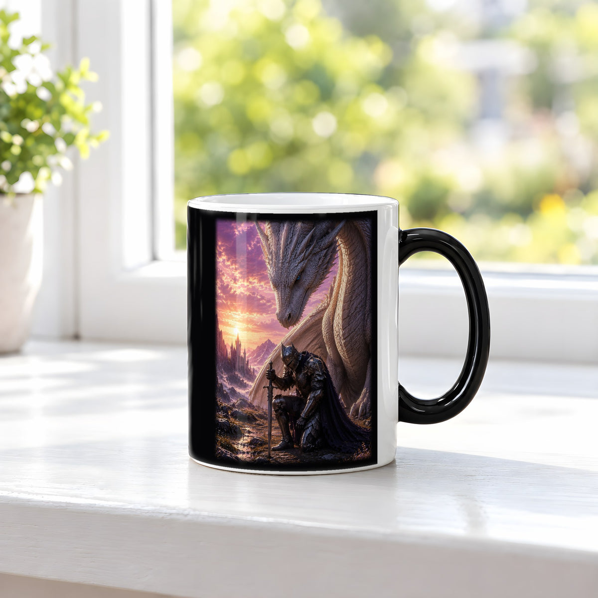 Das Gelöbnis – Black Edition Zaubertasse mit Motiv (heiß), auf der Fensterbank