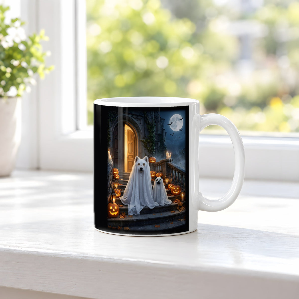Die Spukhunde – weiße Tasse, auf der Fensterbank