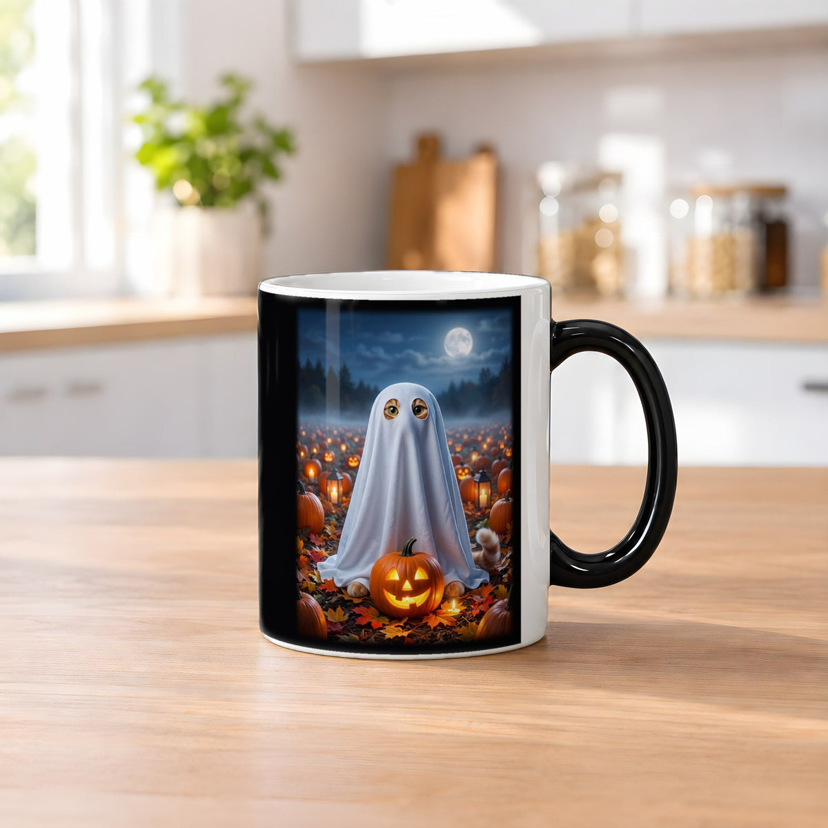 Das Katzengespenst – Black Edition Zaubertasse mit Motiv (heiß), auf dem Küchentresen