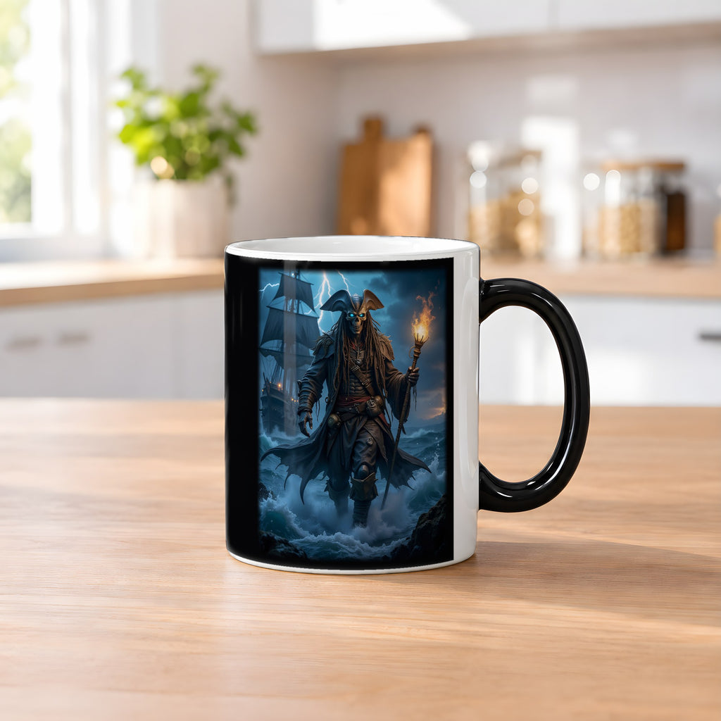 Der Geisterkapitän – Black Edition Zaubertasse mit Motiv (heiß), auf dem Küchentresen