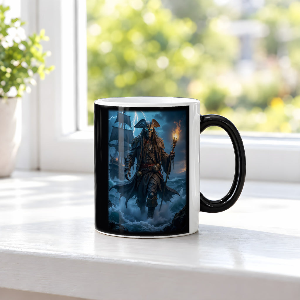Der Geisterkapitän – Black Edition Zaubertasse mit Motiv (heiß), auf der Fensterbank