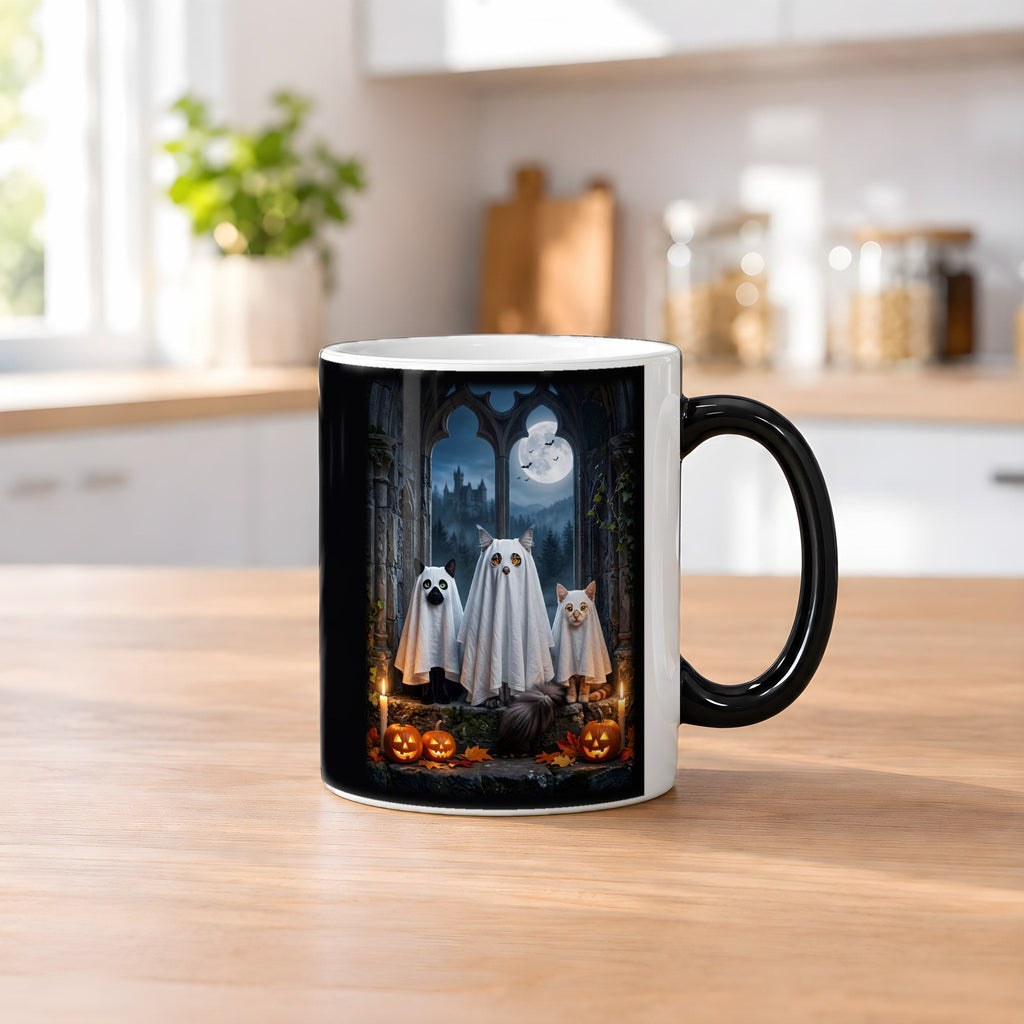 Die drei Katzengespenster – Black Edition Zaubertasse mit Motiv (heiß), auf dem Küchentresen