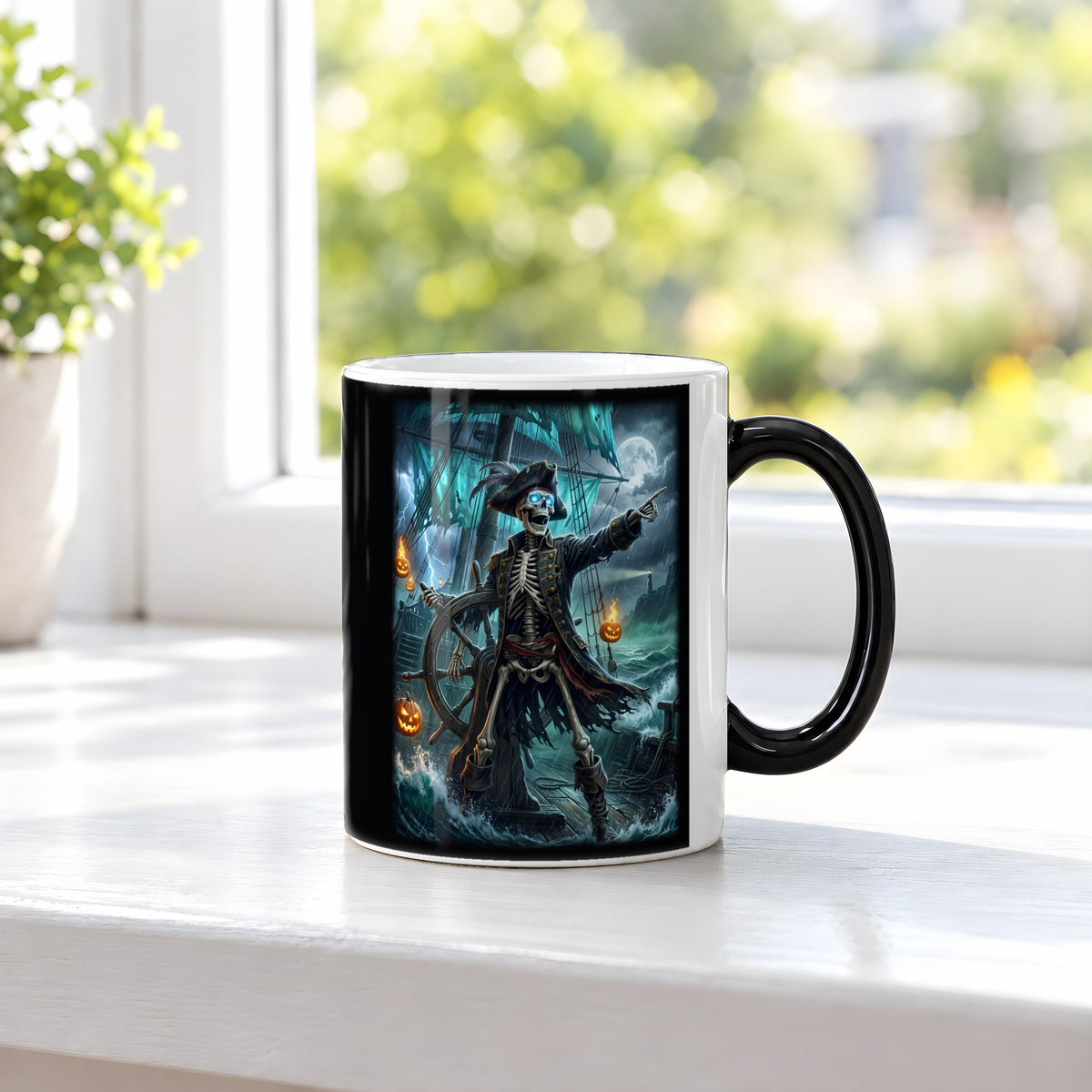 Der Geisterpirat – Black Edition Zaubertasse mit Motiv (heiß), auf der Fensterbank