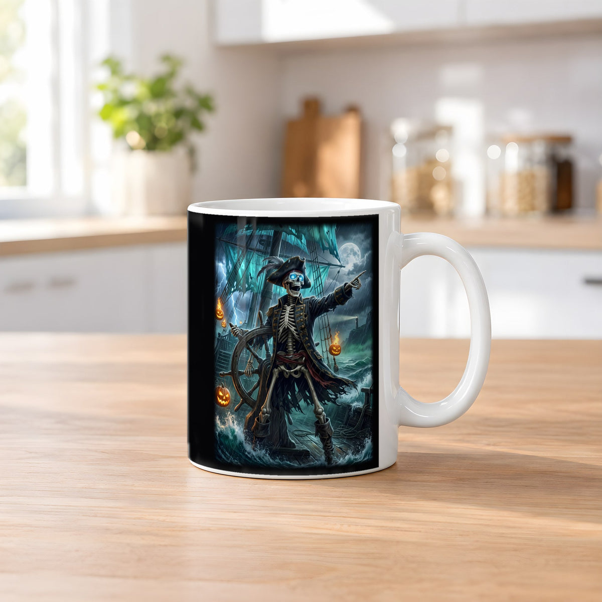 Der Geisterpirat – weiße Tasse, auf dem Küchentresen