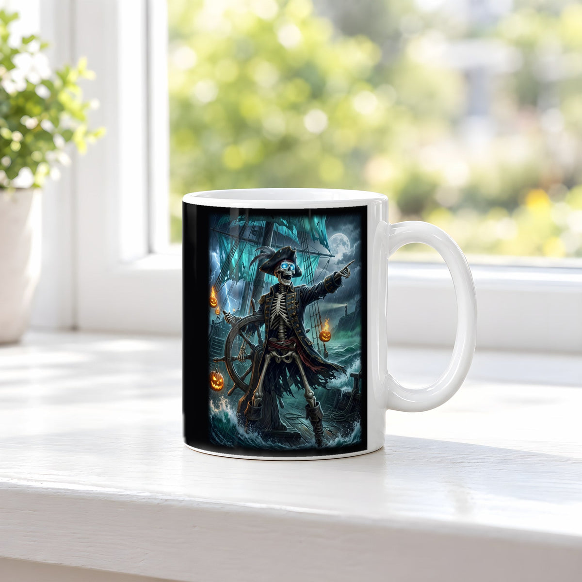 Der Geisterpirat – weiße Tasse, auf der Fensterbank