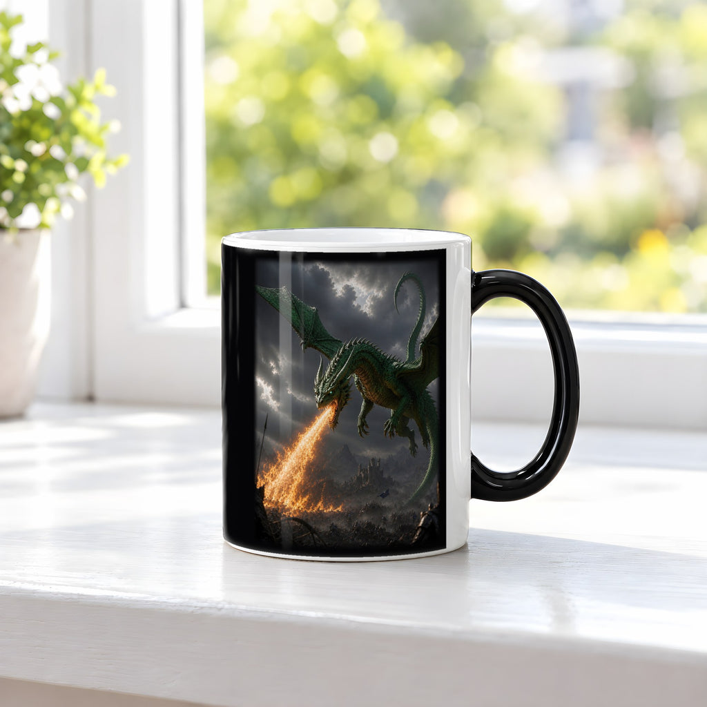 Grünfeuer – Black Edition Zaubertasse mit Motiv (heiß), auf der Fensterbank