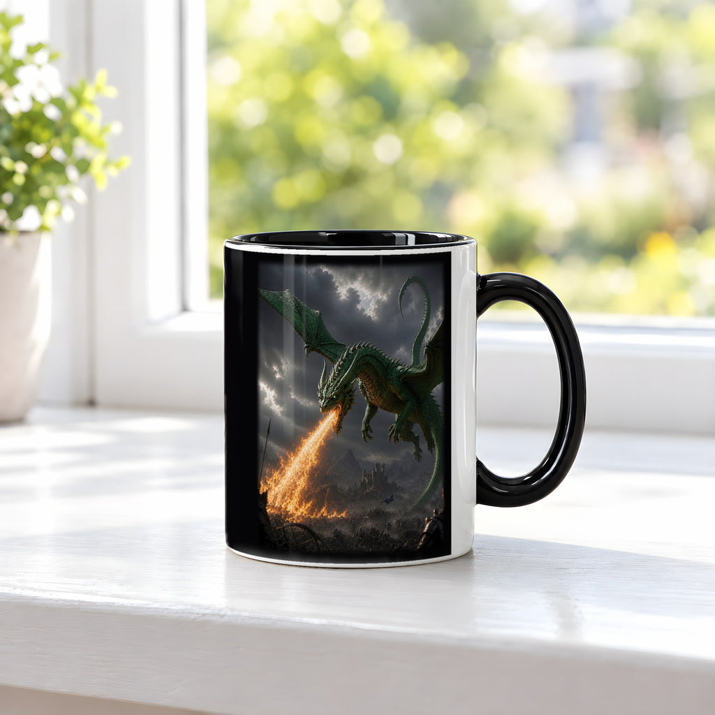 Grünfeuer – Tasse innen schwarz, auf der Fensterbank