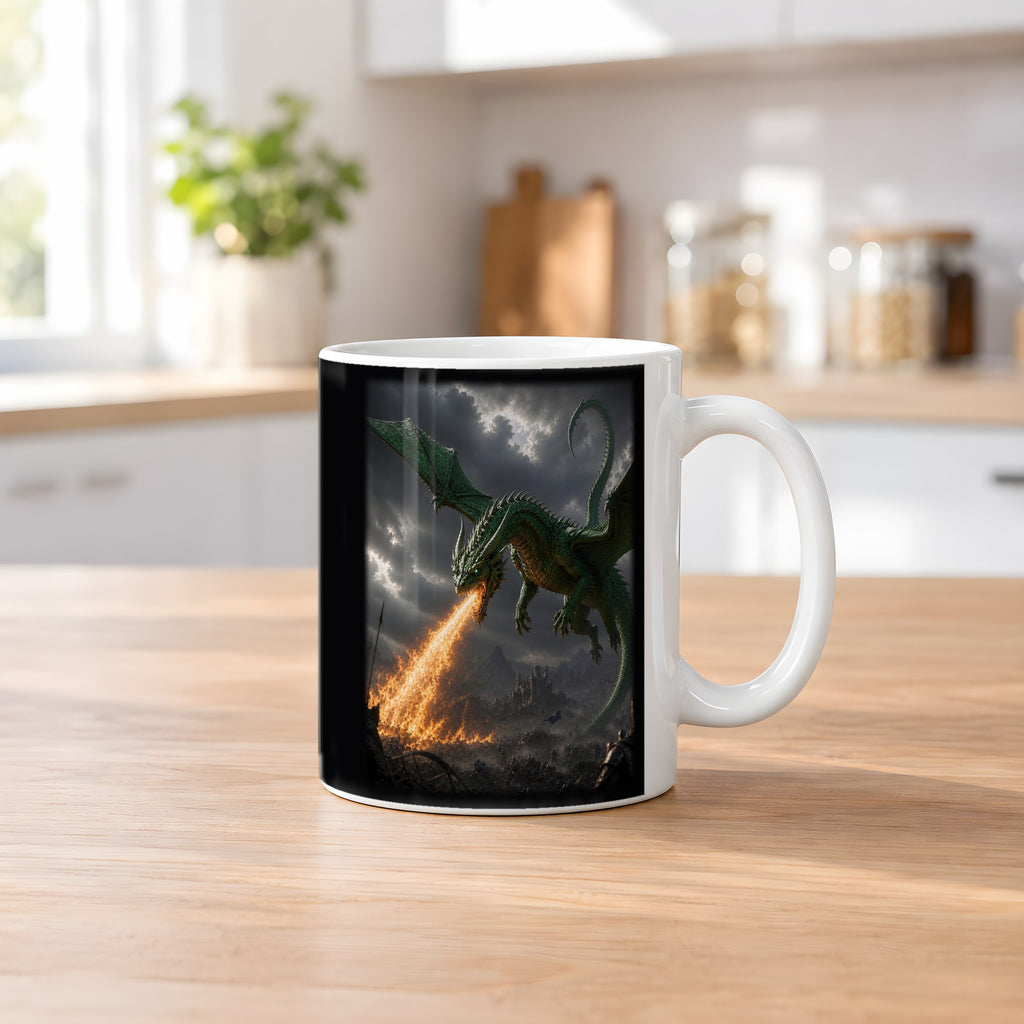 Grünfeuer – weiße Tasse, auf dem Küchentresen