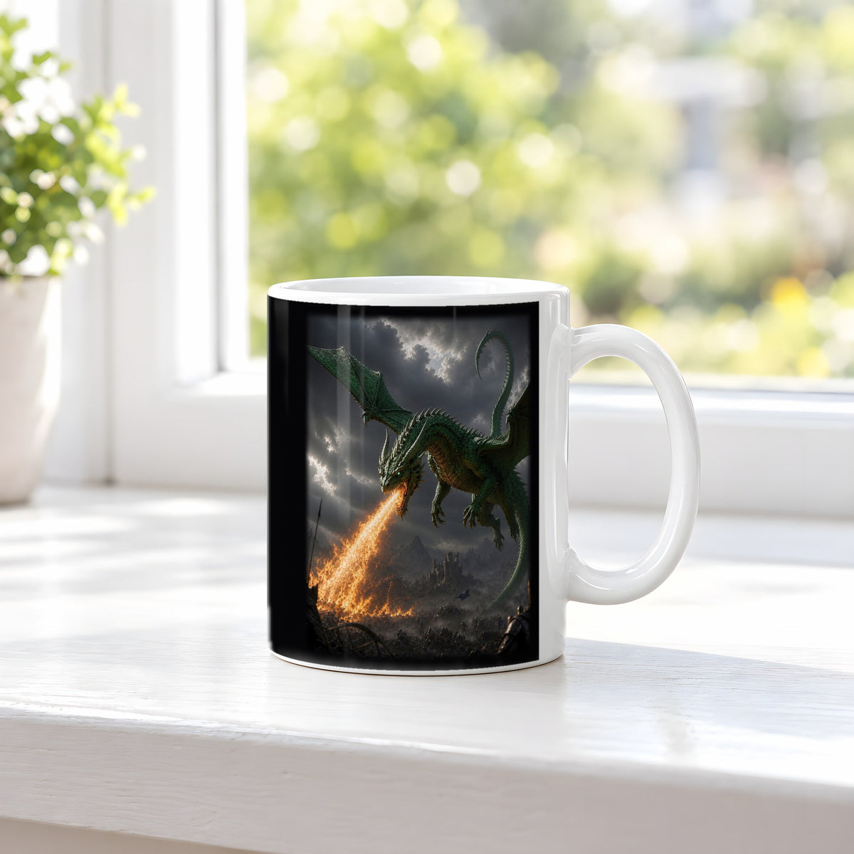 Grünfeuer – weiße Tasse, auf der Fensterbank