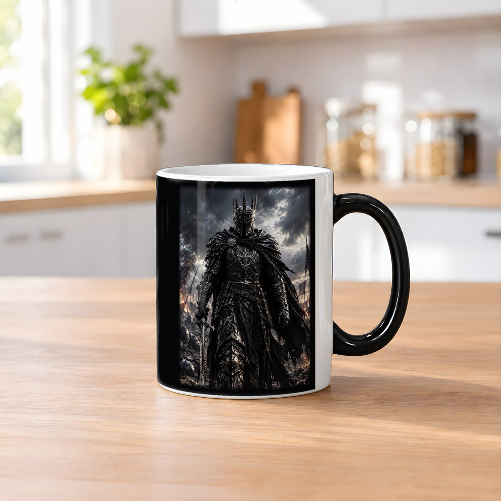 Der Gotische Ritter – Black Edition Zaubertasse mit Motiv (heiß), auf dem Küchentresen