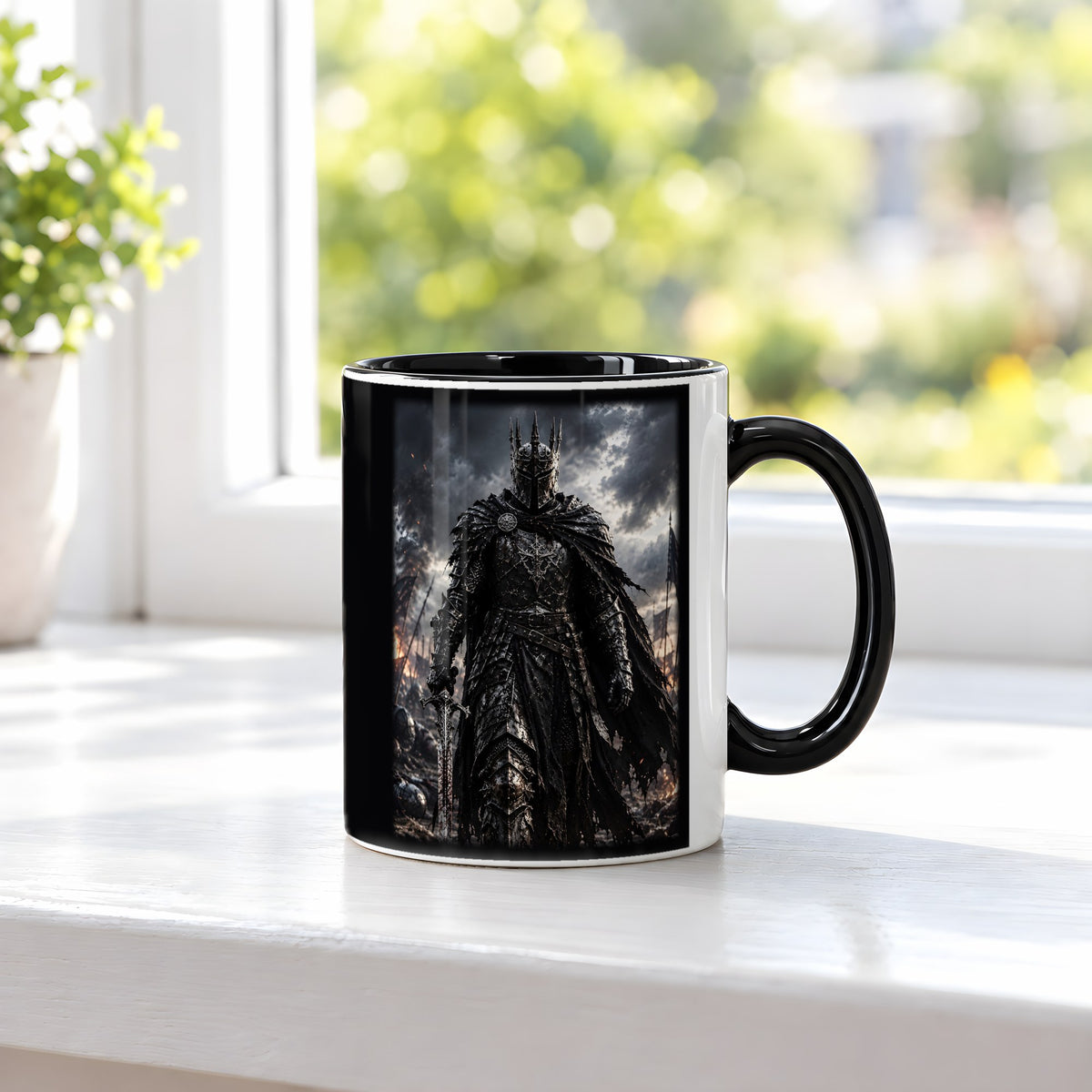 Der Gotische Ritter – Tasse innen schwarz, auf der Fensterbank