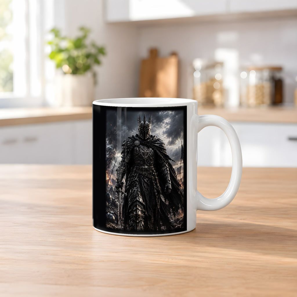 Der Gotische Ritter – weiße Tasse, auf dem Küchentresen