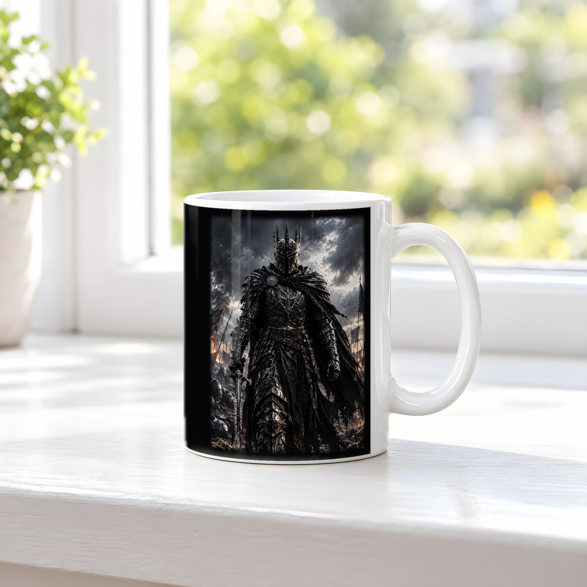 Der Gotische Ritter – weiße Tasse, auf der Fensterbank