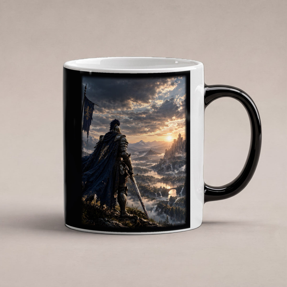Über dem goldenen Tal – Black Edition Zaubertasse mit Motiv (heiß), freigestellt