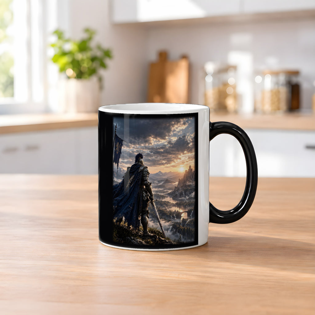 Über dem goldenen Tal – Black Edition Zaubertasse mit Motiv (heiß), auf dem Küchentresen