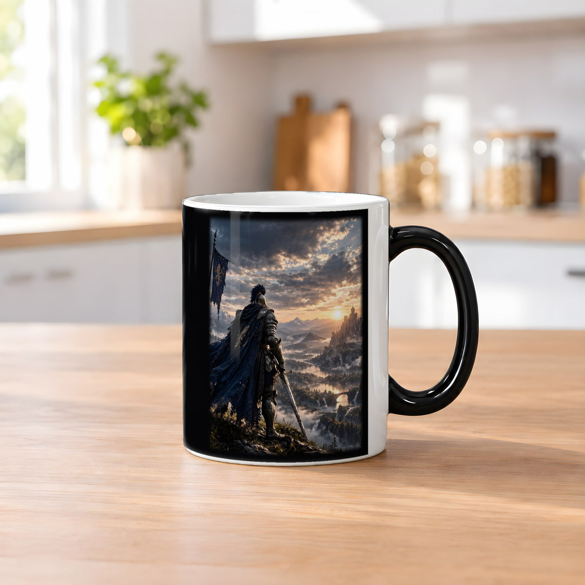 Über dem goldenen Tal – Black Edition Zaubertasse mit Motiv (heiß), auf dem Küchentresen